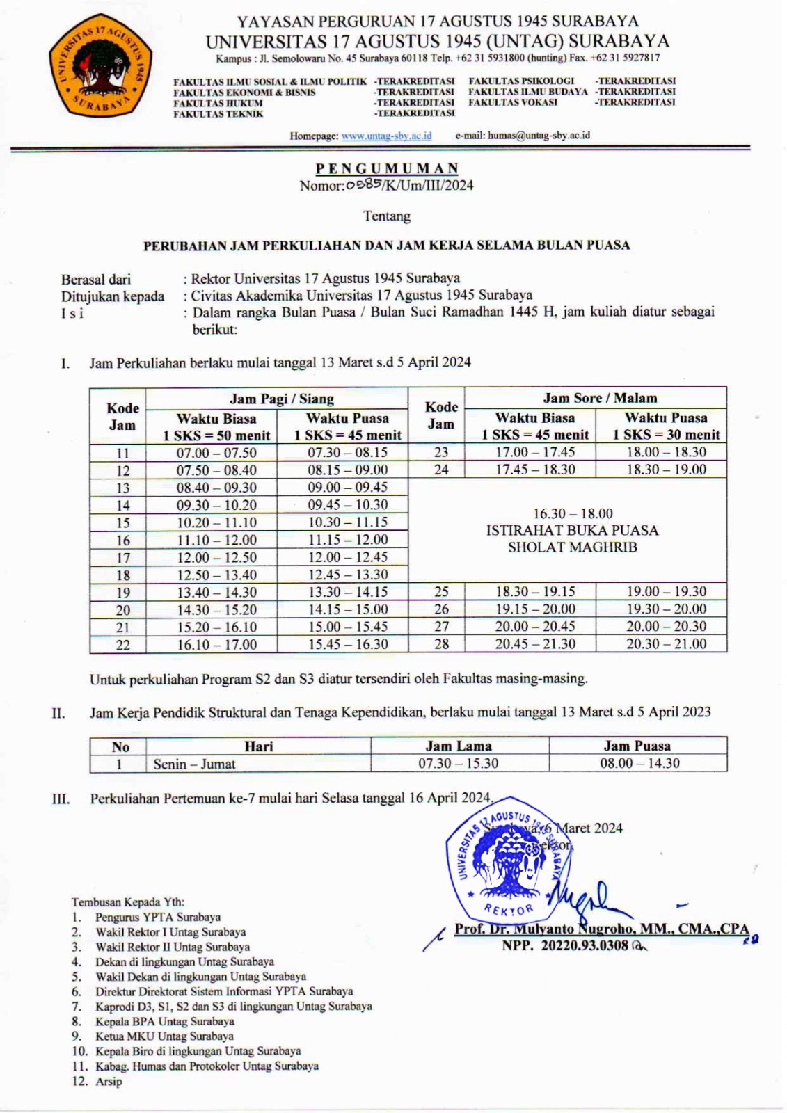 Perubahan Jam Perkuliahan Dan Jam Kerja Selama Bulan Puasa 1445 H